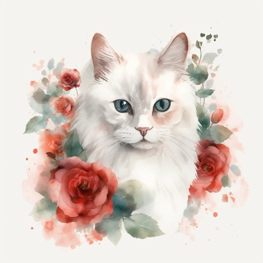 white fluffy cat with red roses and green foliage, Clipart pastel, style is watercolor, soft face, Adorable, Charming , Endearing , fluffy, Furry, Gentle, innocent Playful, Precious, soft, Sweet, Tender, Whimsical, 4k