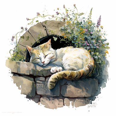 A cat napping on an ancient stone wall, surrounded by climbing ivy and blooming flowers, watercolor by Mary Whyte, clipart, solid background.--q 2 niji 5