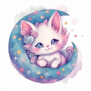 A watercolor painting of a cute kitten sitting on a crescent moon.