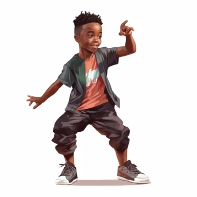 Cool cute black kid dancer, cool dancing clothes, male black boy, watercolor style, clipart solid white background