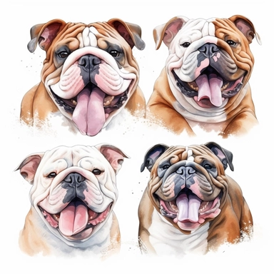 Line art, realistic watercolor, clipart collection, happy bulldog puppies, tongue out, portrait, isolated on a white background