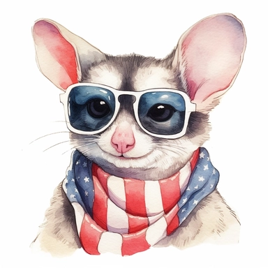 closeups shot, low angle, watercolor style, Sugar glider is sitting, wears American flag scarf and sunglasses, hyper-realistic animal illustrations, 2d game art, quadratura, clipart, on white background,