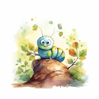 children book illustration. cartoon beauty caterpillar happy in a garden. Watercolor clipart. Pixar animation