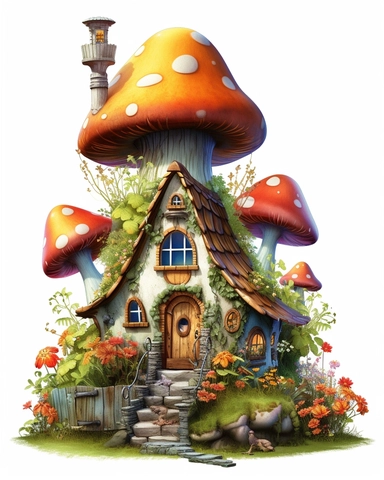 fairy house, clipart illustration, crisp clear colors, photorealistic,happy, beautiful, vibrant colors, cute, ultra detailed, on white background--no cut off