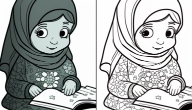 muslim girl coloring book character to color clipart of, cartoonish humor, with black and white line art version next to