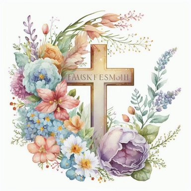 watercolor Easter Cross, flowers, Easter element clipart, on white background