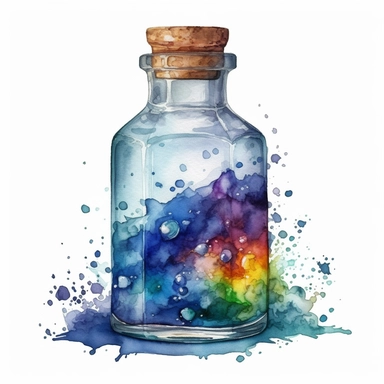high level watercolor, hyper realistic, white background with margins, 8k, ultra detailed clipart, A bottle of concentrated rainbow, with vibrant, swirling colors, midnight blue, cool, fairy