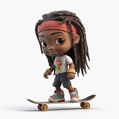 Black girl 3d clipart, chibi 3d, with Dreadlocks, skateboarding, white background, punker clothing, african colors, vector style, octane render, 4k, ultra detailed