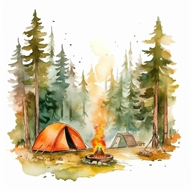 camping scene in forest watercolor style clipart on white background with margins