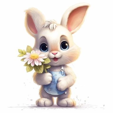 Cute Beautiful bunny holding a flower Sublimation Clipart, Cartoon, hyper realistic, intricate detail, illustration style, high solution, on the white background