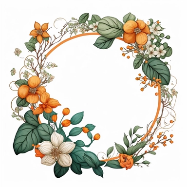 circle Botanical Frame, orange flowers, white background, clipart, art nouveau