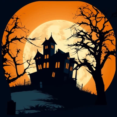 clipart, A spooky silhouette of a haunted house surrounded by eerie trees and glowing pumpkins. The house should have glowing windows, and the trees should have neon-colored leaves. The overall atmosphere should be mysterious and haunting. Camera setup: Low-angle shot with a wide-angle lens to capture the grandeur of the house. Use a tripod and long exposure to enhance the glowing effect