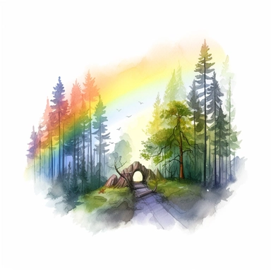 a watercolor of a legendary forrest scenery with rainbow, realistic fantasy Style, vector free clipart illustration, in the style of unreal engine 5, 32k uhd, detailed features, white background