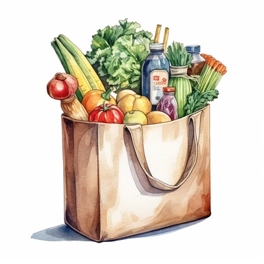 watercolor detailed illustration of Grocery bag with a variety of groceries peeking out, clipart, white background