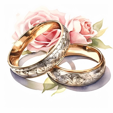 the same two wedding rings with small soft pink scalet roses blooms background, big diamonds solitaire rings. single diamonds as the centerpiece, held securely in place by a prong setting. The bands are made of gold, and adorned with intricate engravings or small accent diamonds.watercolor impressionist shadow gradation, watercolor 8k ultra detail with white background high sharpness ultra detail, for clip art