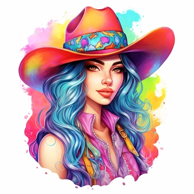 Cowgirl, style by Lisa Frank, watercolor, smooth gradients, black contour outline, ultra detailed, clipart elements, vibrant colors, solid white background, super clear, high quality