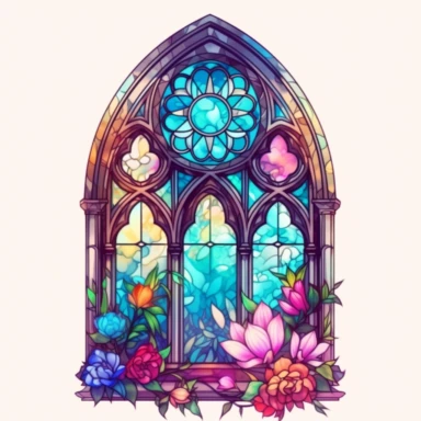 an intricate stained glass window design clipart, in the style of pastel gothic, #screenshotsaturday, reimagined religious art, multiple shapes,islamic art and architecture, watercolor illustrations, no background, vibrant colors, sunshine coming in through the glass, flowers at the bottom