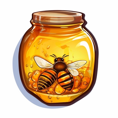 honeybee seitting on a transparent glass jar filled with honey, clipart on a white background, clipart transparent background, clipart sticker