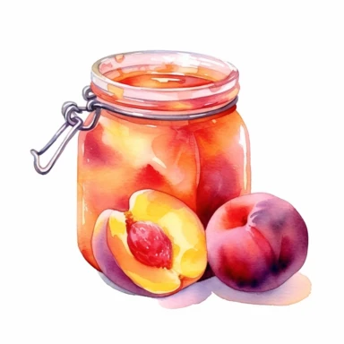 watercolor, hyper realistic, white background, white margins, 16k, ultra detailed clipart, cut out image, hand-drawn a jar of homemade peach jam, complete with a label and a spreader, symbolizing the delicious result of preserving fresh peaches. pink and purple