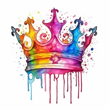 pride, rainbowcore, watercolor tattoo design of a crown color art watercolor drip in transparent overlay, in the style of vibrant spectrum colors, white background, color gradients, chalk art, whimsical yet eerie animal symbolism, vibrant murals, hand-coloring watercolor clipart, white background