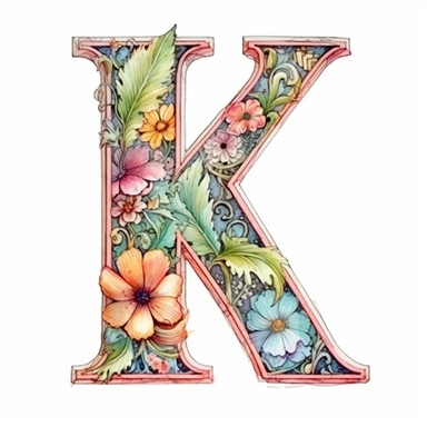 Beautiful Pastel Vintage Flower Alphabet Letter  K  Watercolor and ink Clipart, Cartoon, hyper-realistic, high contrast, intricate detail, illustration style, high solution on the white background