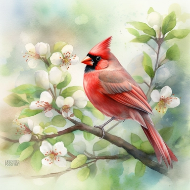 Red Cardinal on a branch of a blossoming apple tree clipart, vintage illustration, scrapbooking page, soft faded colors, , watercolor painting, hyperrealistic, well rendered, old faded light colors, very vibrant, cinematic, intricate, by Thomas Kinkade