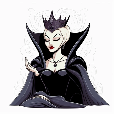 2d partially lined clipart illustration of an evil but beautiful queen, in the style of 1959's sleeping beauty movie, white background