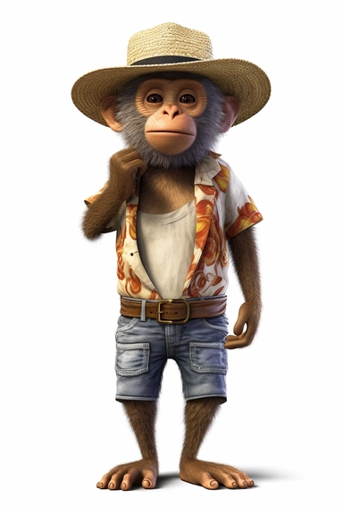 A standing cute real monkey wearing a straw hat, wearing a shirt, wearing a short, hawaiian style, clipart, hyper detailed, photo realistic, high resolution, realistic, 8K