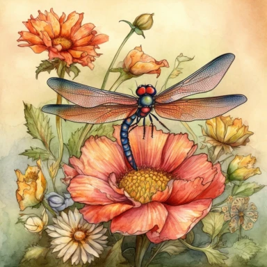 artwork in the style of cicely mary barker, clipart, whimsical watercolour illustration of a cute dragonfly and flowers, very colourful, watercolor clipart, book cover illustration, hyper HD