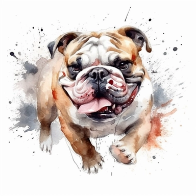 a moving Bulldog, happy smiling face, cute animal, adorable, playful atitude, adorable watercolor animal clipart, no background, high quality and very sharp image with clear focus