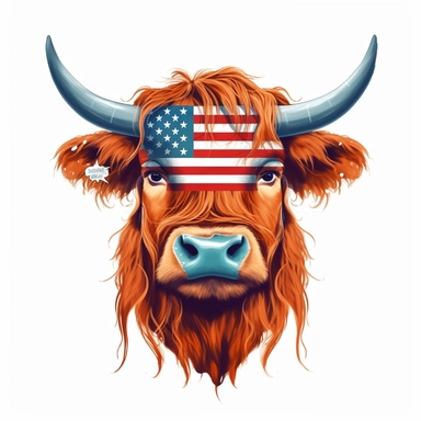 Highland cow face with 4th of july American flag Sublimation Clipart, Cartoon, high detail, illustration style,on white background