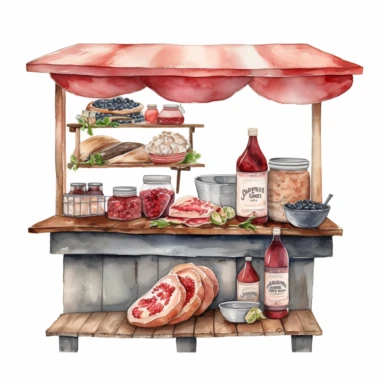 hand drawn ROADSIDE STAND WITH STRAWBERRY JAM AND COUNTRY HAM leg , very detailed and realistic , watercolor, white background with margins, clipart style