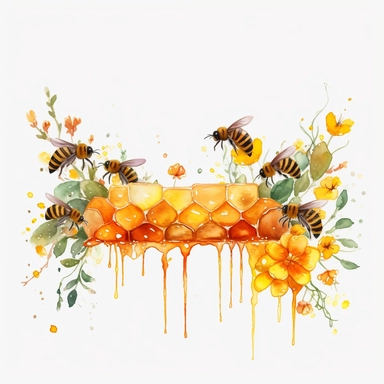 dripping honey border, watercolor, clipart, bees, honeycomb, flowers, white background