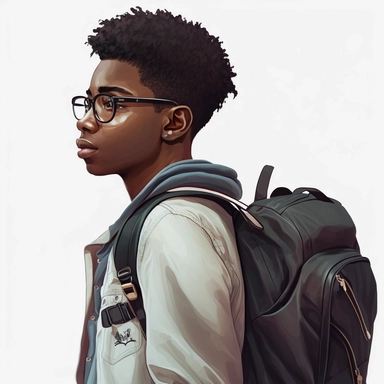 black young man student illustration, wearing glasses, backpack on his back facing camera, soft colors academia clipart, solid white background, high definition, 8k