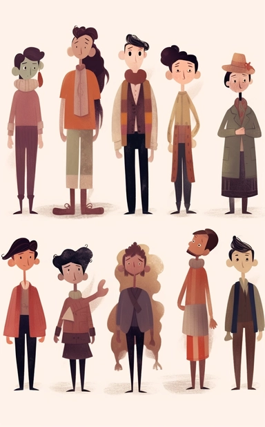 animation character of people character animation cliparts, in the style of soft, muted palette, light maroon and dark brown, appropriation artist, bloomsbury group, children's book illustrations, non-representational forms, the stars art group (xing xing)