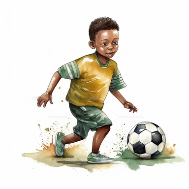 Watercolour of a boy playing football , Clipart,Cartoon,hyper realistic, intricate detail isolated on a white background, high quality, sublimation, detailed, cartoon styleisolated on a white background, high quality, sublimation, detailed, cartoon style