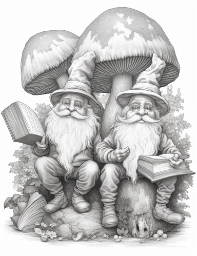 light gray and bubbles, two humanoid reading gnomes on a huge mushroom, highly detailed clipart, hdr, 32K, photo expert quality, greatest for coloring realistic, hyperrealistic and highly detailed, coloring book pages, isolated on a white background