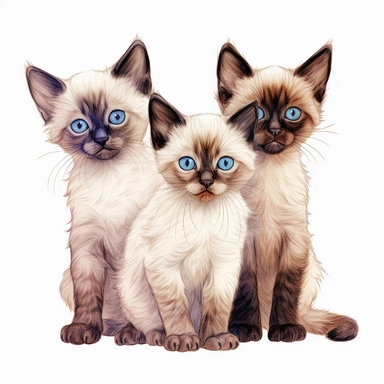 3 fuzzy Siamese kittens, color pencil sketch on a white background for clipart