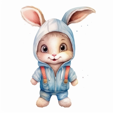 cute kid wearing Rabbit costumes and with happy face,front facing on isolated background,with happy face and expression,Animal Sublimation Clipart,no splash watercolor,white background, ultra detailed clipart, cut out image, colorful watercolor realistic, cartoon style, ultra HD, sharp and clean art