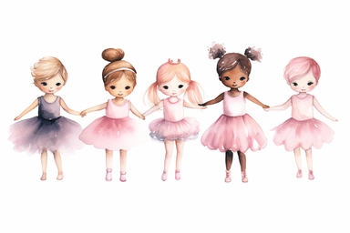 Watercolor clipart collection of cute little girl ballerinas standing individually, dancing in different poses. Different coloured hair and skin, Wearing pink dress with tutu, ballet shoes, pink headband with little bow, isolated elements on a white background with a wide margin