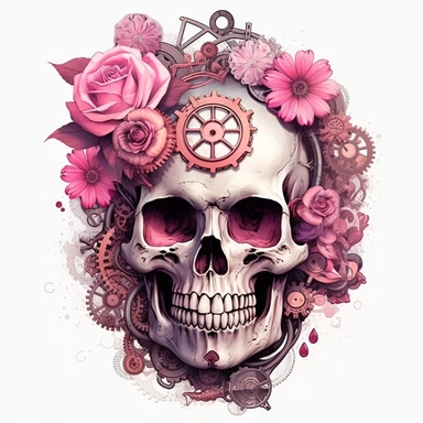 Pink Steampunk Skull Flower Sublimation Girl Clipart ,Cartoon,hyper realistic, intricate detail, illustration style,high solution,on the white background