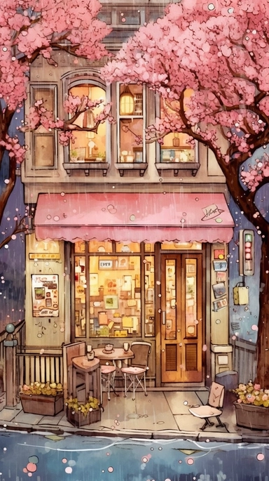 Very very cute and Whimsical quirky Jazzy coffee shop, building corner, cherry tree blossom, Raining colorful, Watercolored illustration in the style of Michael Powell, clipart, city vibe background - 8K