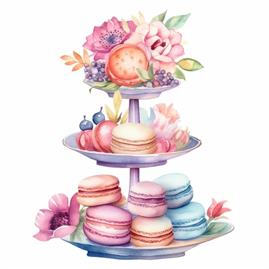 Clipart, Watercolor, Boho tier candy tray with cakes, cupcakes, macarrons and flowers, pastel color, hand-draw, texture
