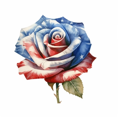 patriotic rose, in the style of fourth of july realistic and hyper-detailed watercolor painting, sketchfab, ahmed morsi, realistic watercolor paintings, use of common materials, handcrafted designs clipart red white and blue with white background