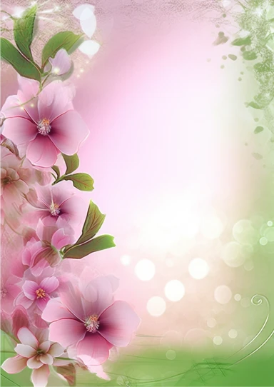 pink flowers clipart, flower borders, clip art with flowers, in the style of layered translucency, use of paper, romanticized views, innovative page design, stockphoto, light maroon and green, romantic scenery