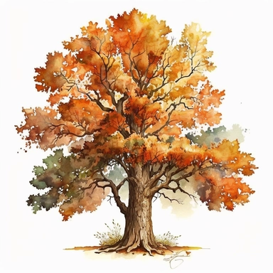 one oak tree, fall, watercolor, clipart