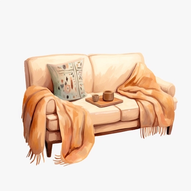 hand painted beige couch with throw blanket on arm clipart bundle