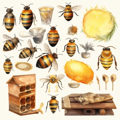 watercolor clipart, honey, bumble bees, hive