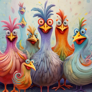 Whimsical magical wacky chickens, in a barnyard, muted colors, swirls, twists, twirls, metallic, glitter, stylized, funny, centered, airbrushed, digital oil, detailed illustration, clip art, cartoon, 8k,-- ar 9:8