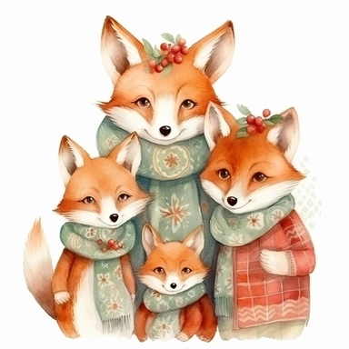 charming family of 4 fox, Christmas morning, festive decor and mood, ornamental watercolor, clipart